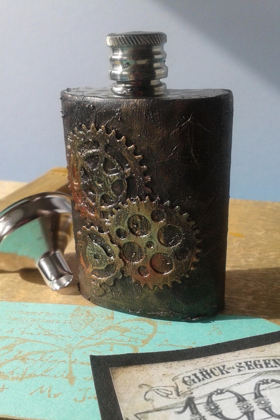 Hip Flask 3 fl oz Stainless Steel & Leather in the Style of Steampunk by CraftedbyNorma steampunk buy now online