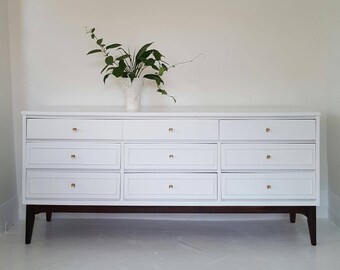 Sold#Mid Century dresser credenza, 9 drawer dresser, vintage dresser, white and gold