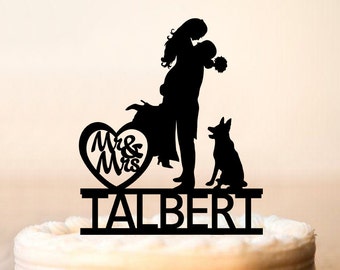 Wedding Cake Topper, Silhouette Cake Topper,Mr and Mrs Cake Topper,Custom Mr and Mrs Surname Wedding Cake Topper,dog Cake Topper (0174)