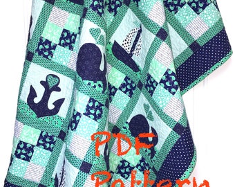 Sailboat Quilt Pattern, Whales baby Quilt Pattern, Nautical baby boy Quilt Pattern, lap quilt pattern, baby blanket Pattern, sewing pattern
