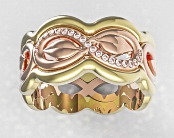 Diamond Infinity Ring, Stacking Gold Leaf Ring, Infinity Leaf Ring, Gold Leaf Ring,Gold Infinity Band,Leaf Wedding Ring,Leaf Engagement Ring