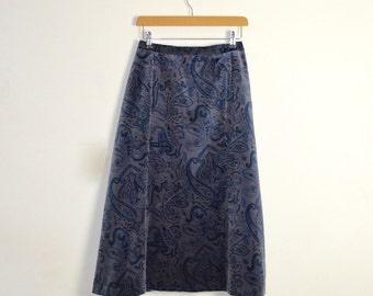 English Paisley Print Skirt | Velveteen Ladies Skirt | Vintage Paisley Skirt | Midi Length Skirt | Vintage A-Line Skirt