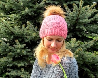 Pink hat wool pompom hat fur pompom hat womens knit hat 16th birthday gift sweet 16 girl teen hat handmade hat with fur pom pom raccoon fur