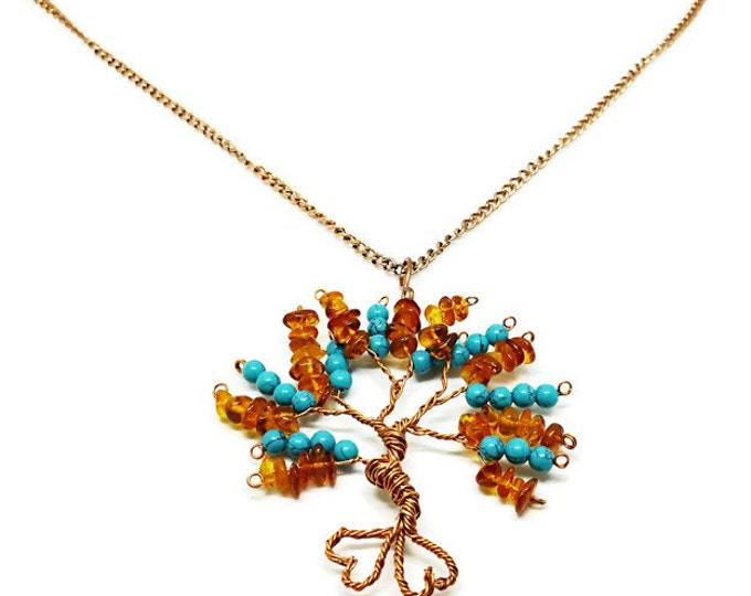 Baltic Amber and Turquoise Copper Floating Tree of Life Pendant Necklace, Metaphysical Jewelry, Chakra Necklace, December Birthstone, N011