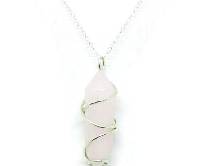 Sterling Silver Wrapped Double Point Rose Quartz Crystal Pendant, Crystal Healing Point Necklace, Love Stone, Heart Chakra Necklace