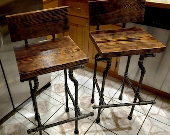 Custom Bar Stool - The Damon - Charred Finish and Black Pipe Legs