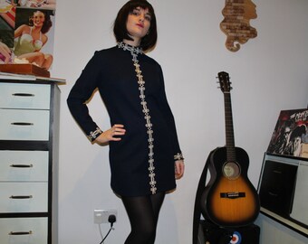 Vintage 1960's Navy & White 'Bleeker Street' Shift Dress (Size 8 (UK))