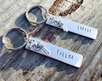 Thelma and Louise Hand Stamped Keychain Best Friend Keychain Gun Keychain Best Friend Birthday Friendship Keychain Hand Stamped Keychain Set