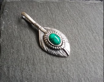 Native American Indian Inspired Silver & Turquoise Feather Pendant