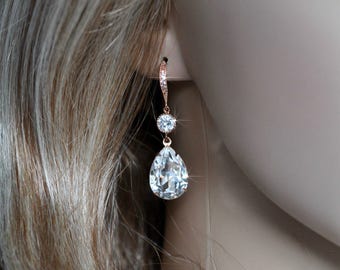 Handmade Swarovski Clear Teardrop Rose Gold Dangle Bridal Earrings, Bridal, Wedding (Sparkle-2535)