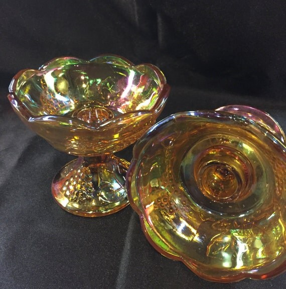 Vintage Carnival Glass Candle Holder Indiana Iridescent