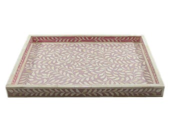 Bone Inlay Floral Pink Decorative Tray, Ottoman Tray, Coffee Table Tray (Available in 4 sizes)
