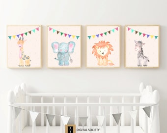 instant download, cute, animal nursery, nursery wall art set, lion, elephant, giraffe, zebra, girls room decor, animal nursery