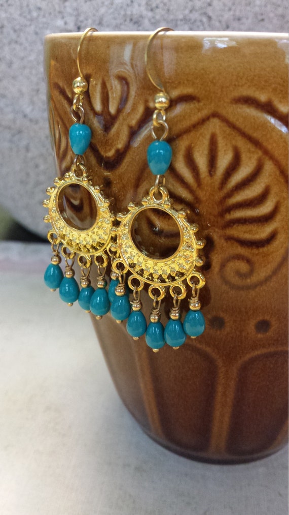 Gypsy Boho Dangle Earrings Chandelier Turquoise Glass Beads