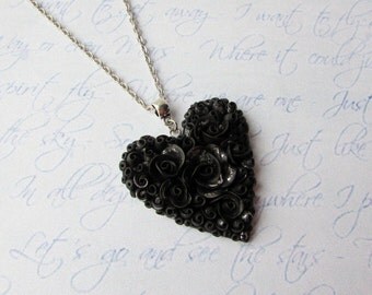 Heart necklace Black heart pendant Polymer clay heart necklace Jewelry handmade Black and silver necklace Black flower necklace