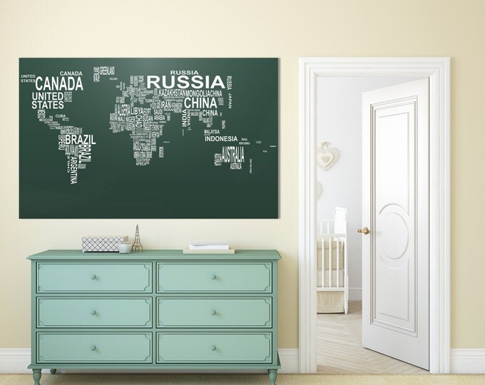 Large typography map of the world canvas print, text map wall art print, typography map art, world map wall art for home decor