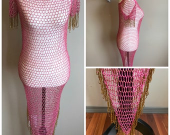 Art Deco 1920s Crocheted Beaded Flapper Dress Pink with Gold Beads // Rare Hand Crocheted 20s Dress Beaded Fringe // Gatsby Downtown Abbey
