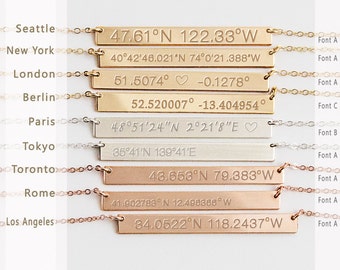 Custom Coordinates Necklace reversible, Latitude Longitude necklace, Location GPS Coordinates, Gold Filled, Silver, Rose Gold fill B440h