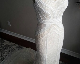 Art Deco Gatsby Inspired Full Beaded Wedding Dress Custom Couture unique wedding dress, sleeveless, fitted, fit and flare, long train
