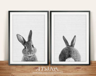 rabbit print set, baby animal print, bunny, Woodlands Nursery Art, butt print, black and white, printable , nursery woodlands bunny print