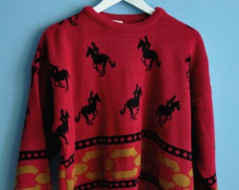 SALE! Vintage red sweater, womens sweater, horse themed sweater, rider sweater, acrylic sweater, hipster sweater