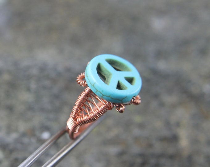 Copper Wire Weave Peace Symbol Ring Size 7, Wire Wrap Beaded Hippie Jewelry, Turquoise Howlite, Unique Valentine's Day Gift for Him or Her