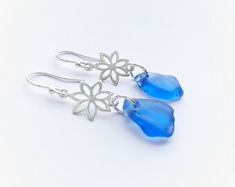 Cornflower Blue Sea Glass Earrings, Sea Glass Earrings, Blue Sea Glass Earrings with Sterling Silver Fittings