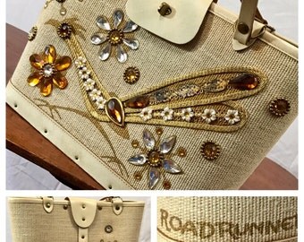 Vintage Purse Enid Collins Roadrunner jeweled painted mid century handbag
