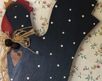 Chicken Wall Hanging, Wooden Chicken Decoration, Chicken Decoration, Kitchen Decoration, Black Chicken with White Dots, Primitive Decoration