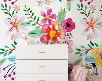 Vibrant floral wallpaper || Magic Garden wall mural || Cute wallpaper for nursery, kids room || Self adhesive || Removable #67