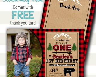 He's A Wild One Lumberjack Birthday Invitation - Digital File or Prints - Red Black Buffalo Plaid / Camping / Adventure / Mountain / Rustic