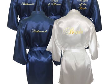 Bridesmaid Robes Set of 7, Bridesmaid Robe, White and Navy Blue Set of 7 Robes, Mother of the Bride, Maid of Honour, Bridal Party Robe