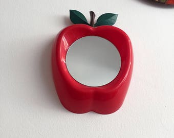 French Vintage Red Plastic Apple Mirror Children's Bedroom Bathroom / Miroir Vintage Pomme Rouge Chambre Enfant Salle de Bain