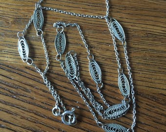 Silver filigree necklace - vintage - stamped 925 - mid century - chain