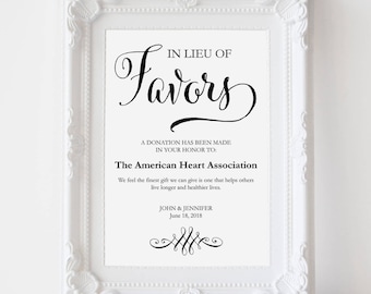 In Lieu of Favors Sign, Wedding Donation Sign, Charity Donations Favor Table Signs, Favours Sign, Editable PDF Template #MCS-107a