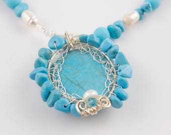 Turquoise and Pearl Necklace available in gold or silver