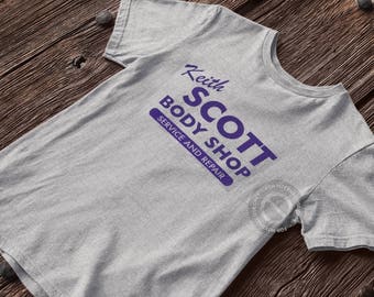 Keith Scott Body Shop Grey T Shirt Purple Print Printed One Tree Hill Inspired TV Car Vintage Rare Parody Unisex
