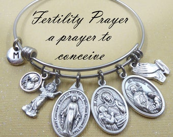 Fertility Prayer Bangle, St. Gerard, St. Ann, Divino Nino, St. Gabriel Archangel, Miraculous Medal, A Prayer To Conceive 3 Sizes, Gift Boxed