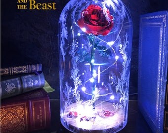 Beauty and the Beast Rose Dome, Preserved Rose, Metal Rose, Disney, Enchanted Rose, Handmade rose with LED Lights