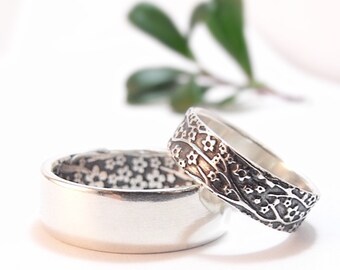 Womens Wedding Ring Set Womens Wedding Band Set Cherry Blossom Silver Wedding Band Sterling Silver Mens Wedding Band Womens Wedding Ring