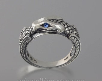 OUROBOROS silver mens unisex Snake ring with Blue Sapphire eyes