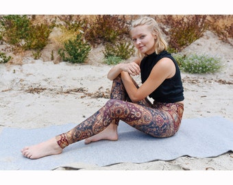 Tapestry Rug Printed Leggings, Boho Yoga Leggings, Made in Canada, Printed Yoga Pants, Bohemian Clothing, Rust Red Leggings, Norwegian Wood