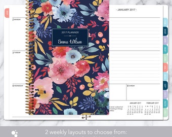 2017 planner weekly planner | 12 month calendar | add monthly tabs student planner | personalized agenda | navy blue pink watercolor floral