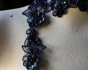 Navy Blue Beaded Trim Lace Flower Trim for Lyrical Dance, Bridal, Garters, Headbands, Costumes BL 4038nb