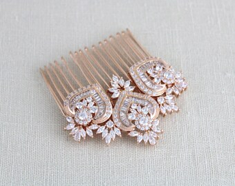 Rose Gold Bridal Hair Comb, Rose Gold headpiece, Rose Gold hair comb, Bridal Hair clip, Crystal hair comb, Rhinestone headpiece, EMMA