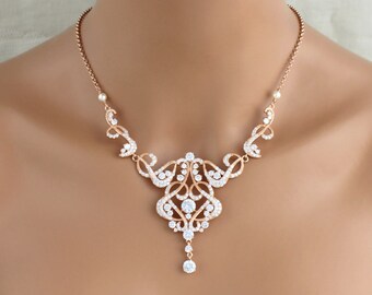 Rose Gold Bridal necklace, Rose Gold Statement necklace, Crystal Wedding necklace, Bridal jewelry, Art Deco, Simple necklace, VICTORIA