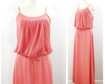 Vintage Maxi Dress, 70s Rose Pink Sundress, Long Grecian Dress, Romantic Flowing Maxi Dress, Pleated Blousey Long Sleeveless Dress Size S
