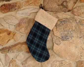 Blue Plaid Christmas Stocking, Personalized