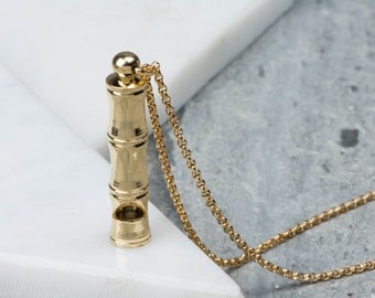 Bamboo Whistle Necklace, Long Gold Metal Whistle Pendant, Vintage Noisemaker, Unique Whistle Jewelry