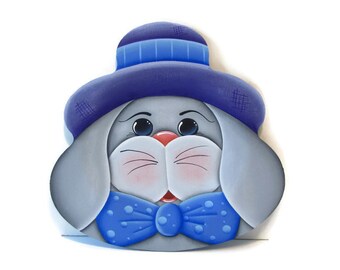 Whimsical Bunny with Bow Tie Plate, Handpainted Wood, Hand Painted Easter Home Decor, Tole Decorative Painting, B6